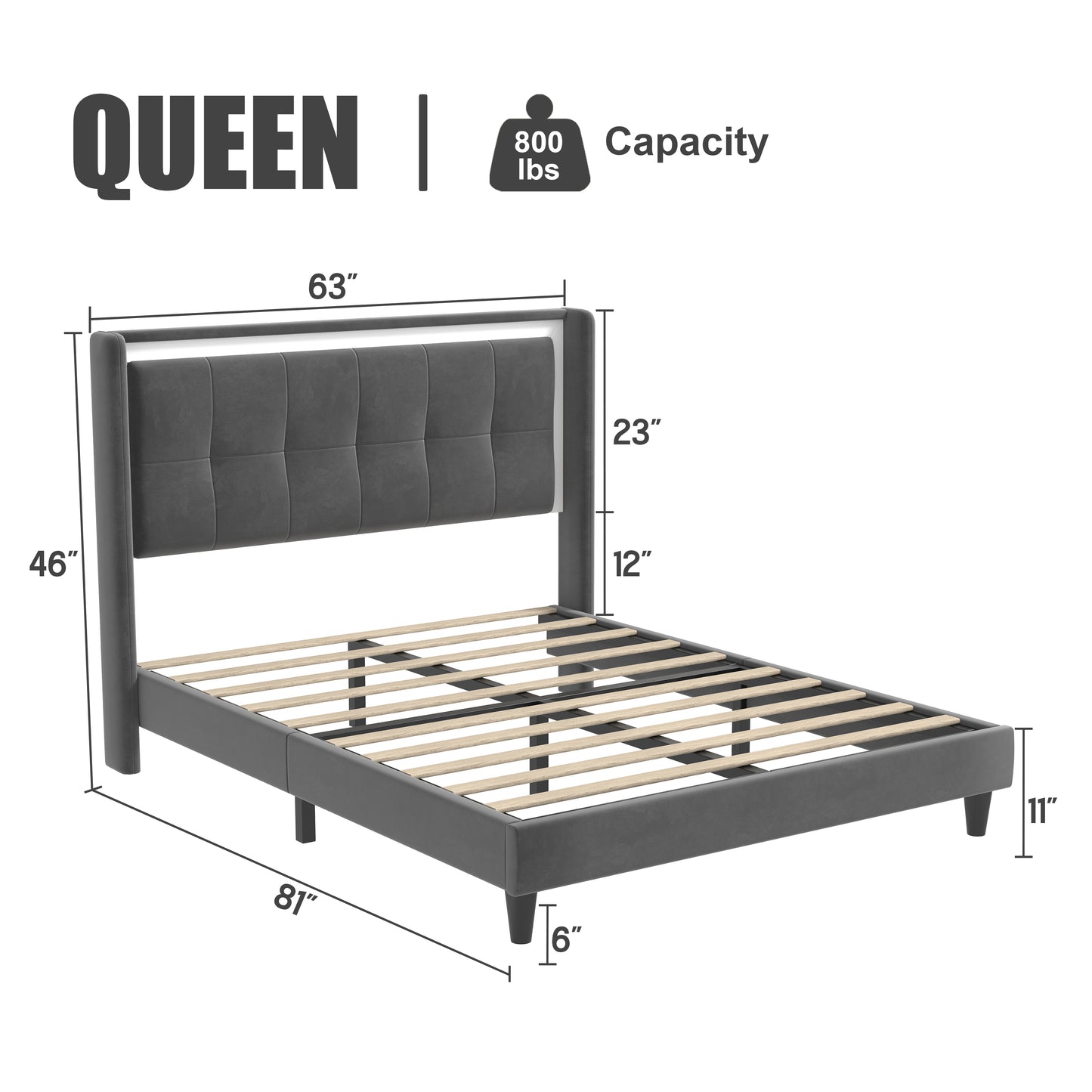 Melysen Queen Size Upholstered Platform Bed Frame with Headboard and Sturdy Wooden Slats,Dark Gray