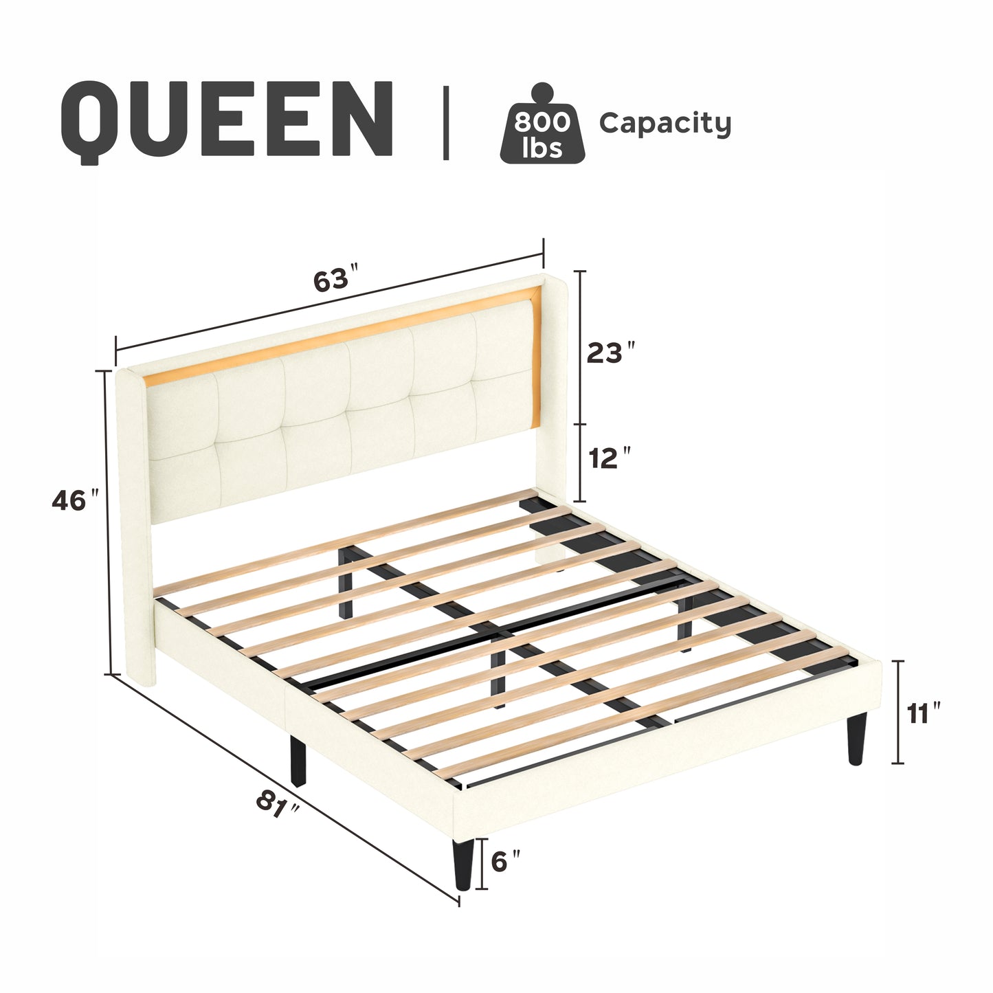 Melysen Queen Size Upholstered Bed with Headboard, Sturdy Wooden Slats,Beige