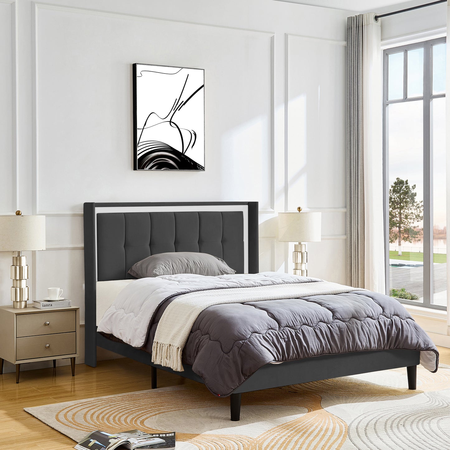 Melysen Queen Size Upholstered Platform Bed Frame with Headboard and Sturdy Wooden Slats,Dark Gray