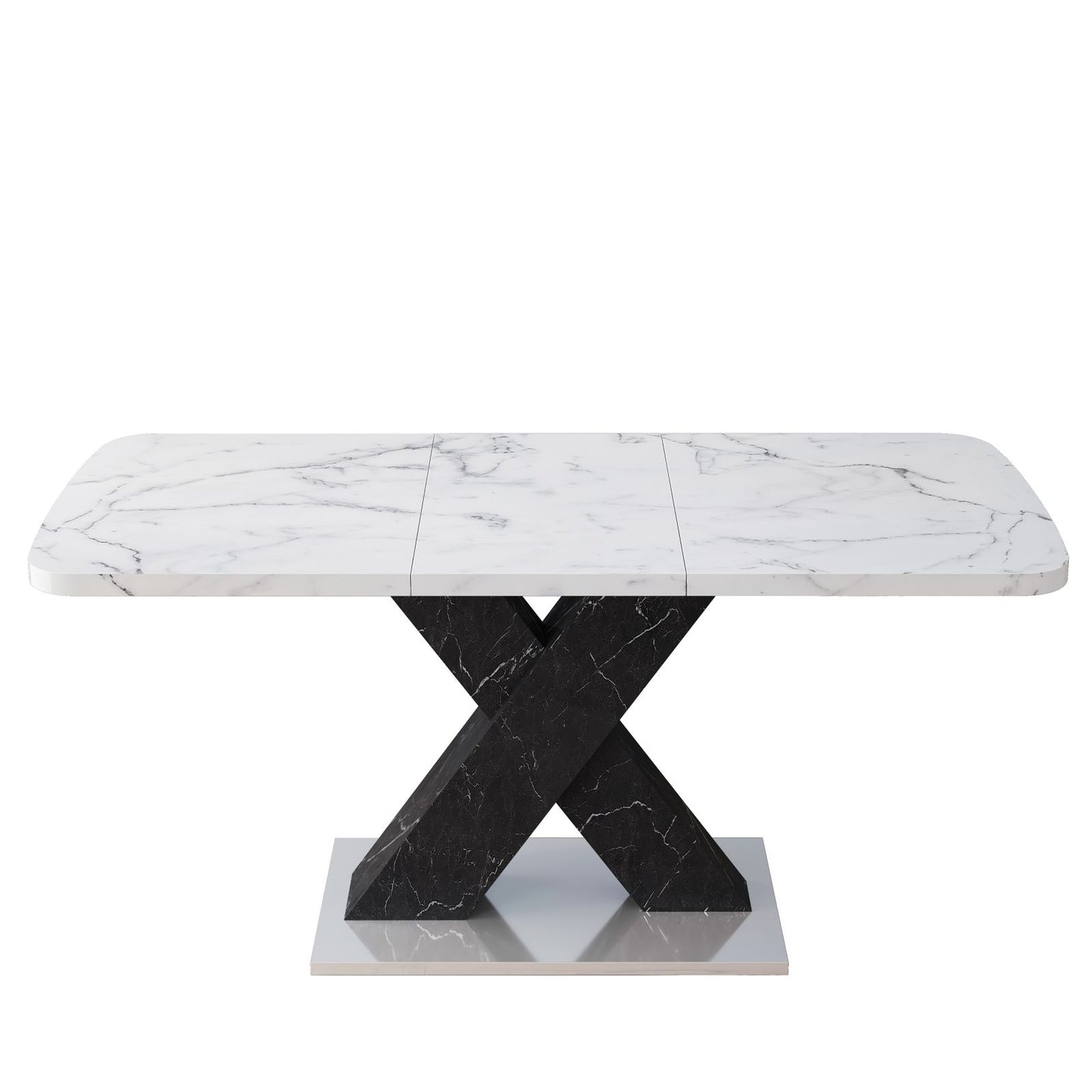 Melysen Modern Square Dining Table, Stretchable, White Marble Table Top and MDF Black X Shape Table Leg with Metal Base