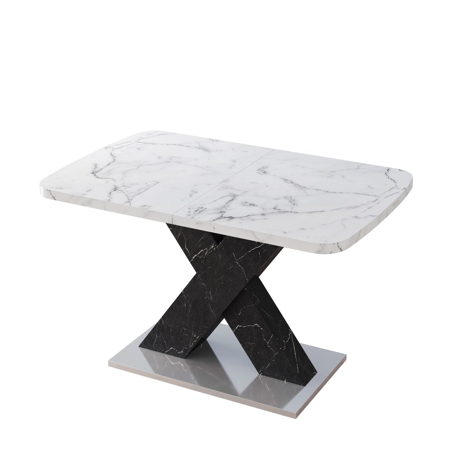 Melysen Modern Square Dining Table, Stretchable, White Marble Table Top and MDF Black X Shape Table Leg with Metal Base