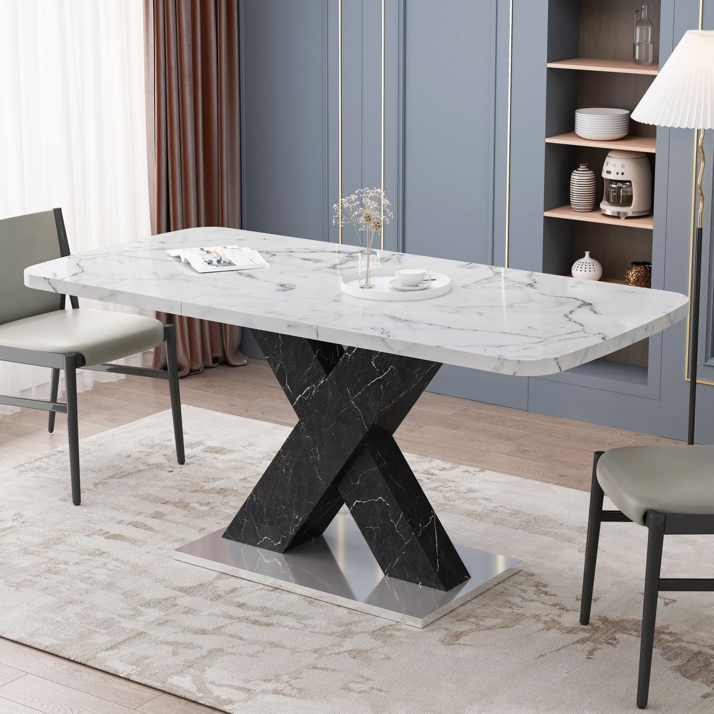 Melysen Modern Square Dining Table, Stretchable, White Marble Table Top and MDF Black X Shape Table Leg with Metal Base