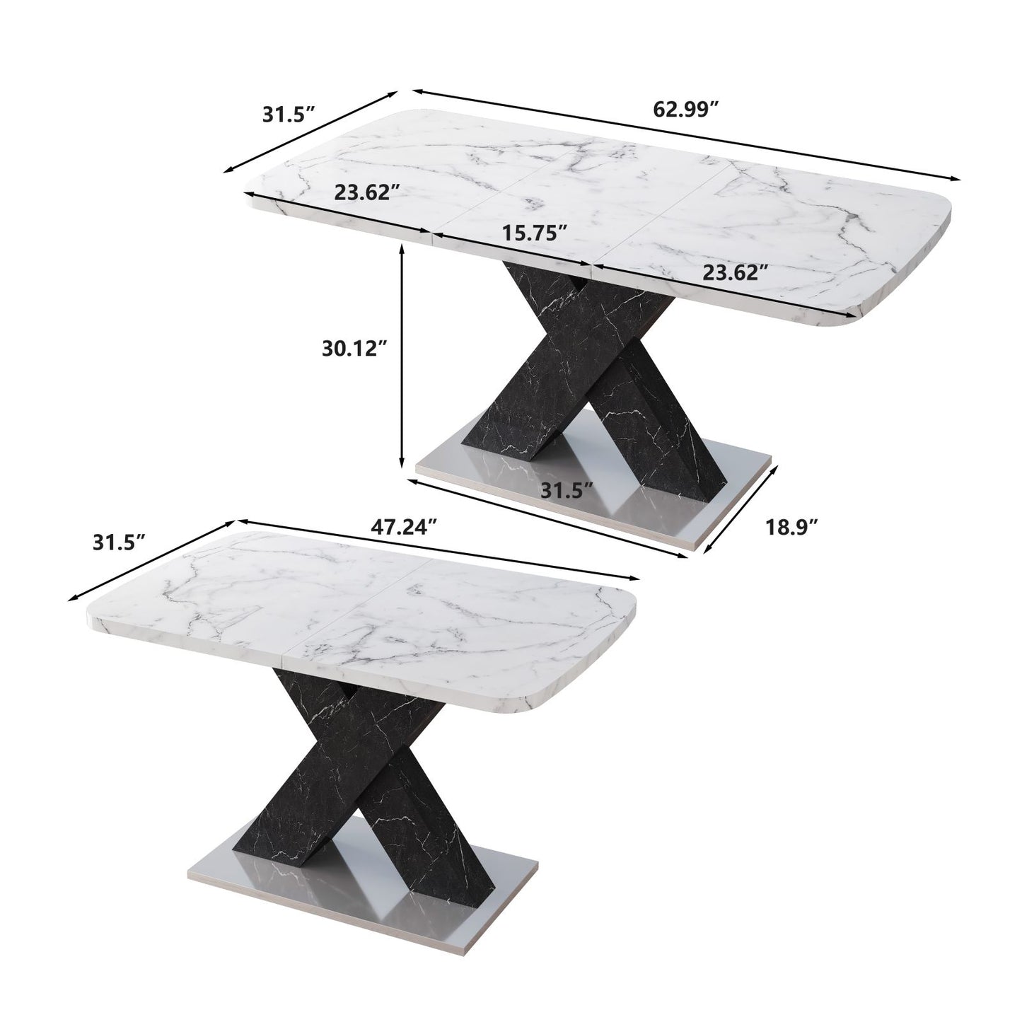 Melysen Modern Square Dining Table, Stretchable, White Marble Table Top and MDF Black X Shape Table Leg with Metal Base