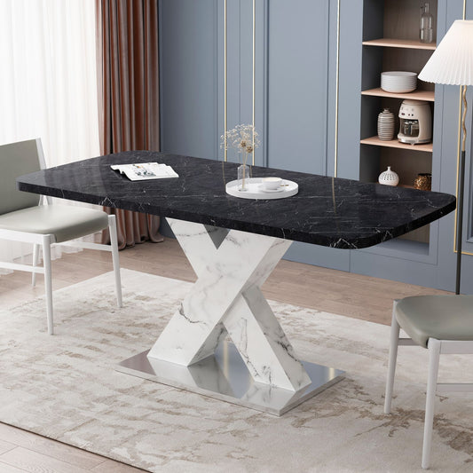 Melysen Modern Square Dining Table,Stretchable,Printed Black Marble Table Top and MDF White X Shape Table Leg with Metal Base