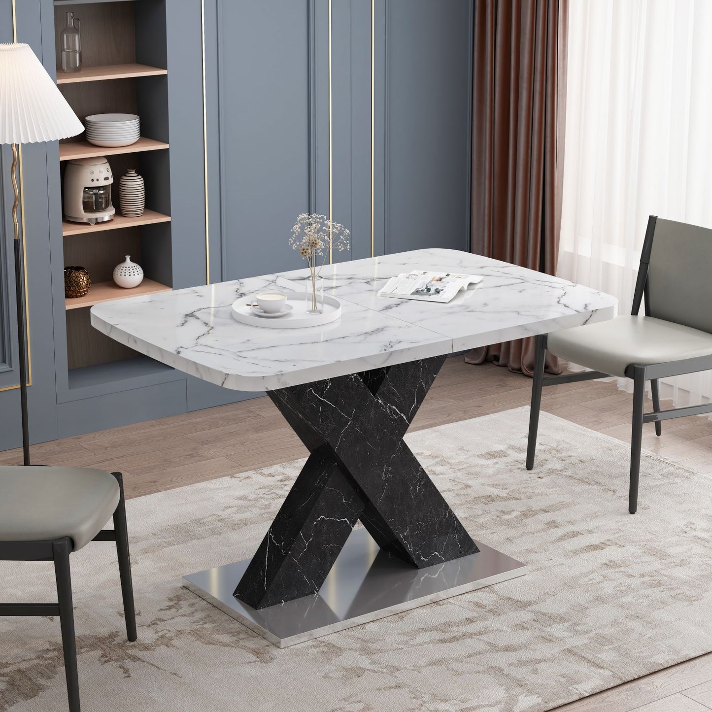 Melysen Modern Square Dining Table, Stretchable, White Marble Table Top and MDF Black X Shape Table Leg with Metal Base