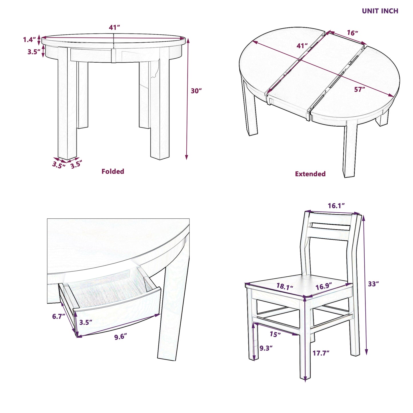 Melysen Farmhouse 5-Piece Extendable Round Dining Table Set with Storage Drawers and 4 Dining Chairs,16" Removable Leaf