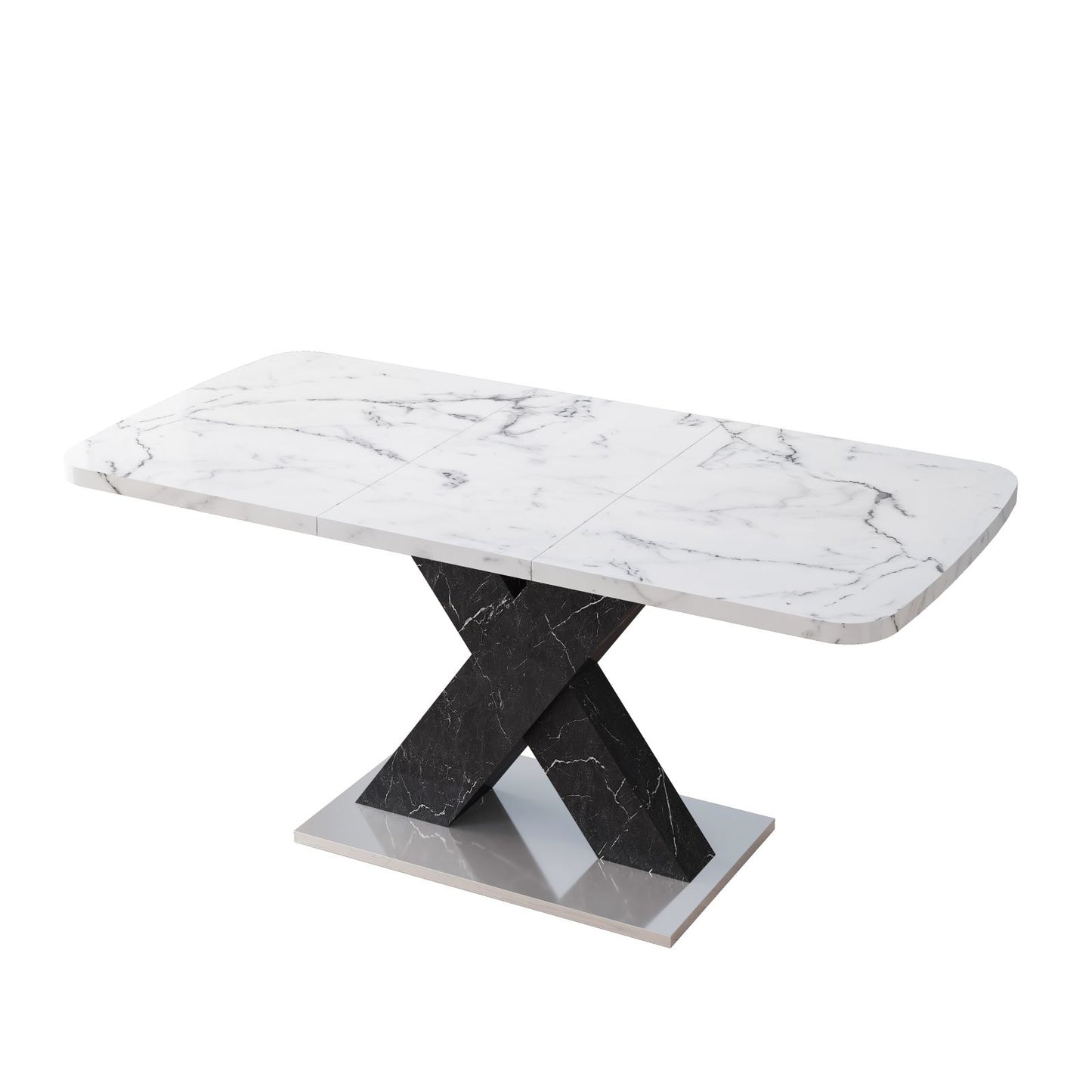 Melysen Modern Square Dining Table, Stretchable, White Marble Table Top and MDF Black X Shape Table Leg with Metal Base