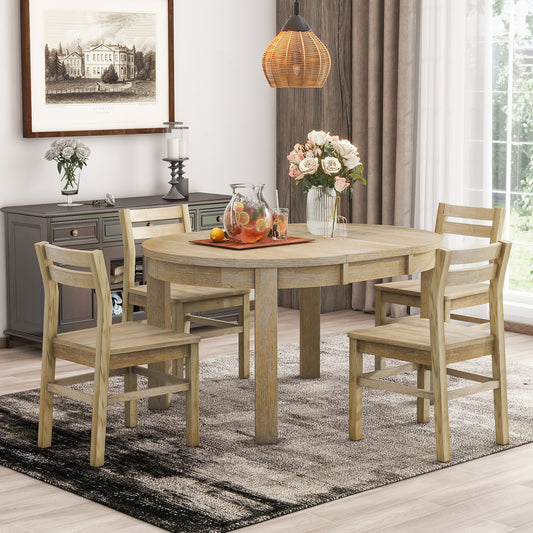 Melysen Farmhouse 5-Piece Extendable Round Dining Table Set with Storage Drawers and 4 Dining Chairs,16" Removable Leaf