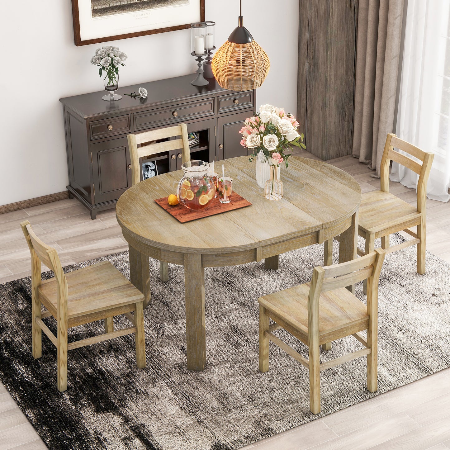 Melysen Farmhouse 5-Piece Extendable Round Dining Table Set with Storage Drawers and 4 Dining Chairs,16" Removable Leaf