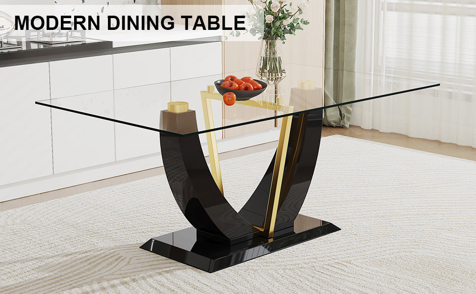 Melysen Modern Simple Rectangular Glass Table with Black Mdf Legs and Gold Stand, Equipped with 0.4 Inch Tempered Glass Table and Mdf Legs