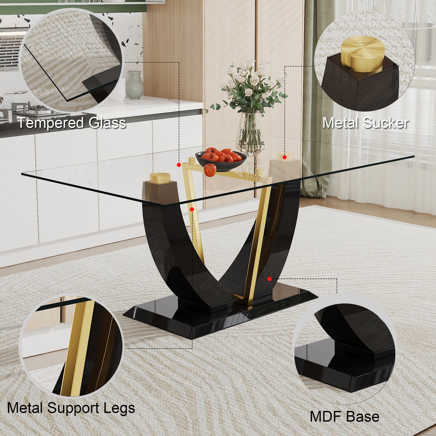 Melysen Modern Simple Rectangular Glass Table with Black Mdf Legs and Gold Stand, Equipped with 0.4 Inch Tempered Glass Table and Mdf Legs