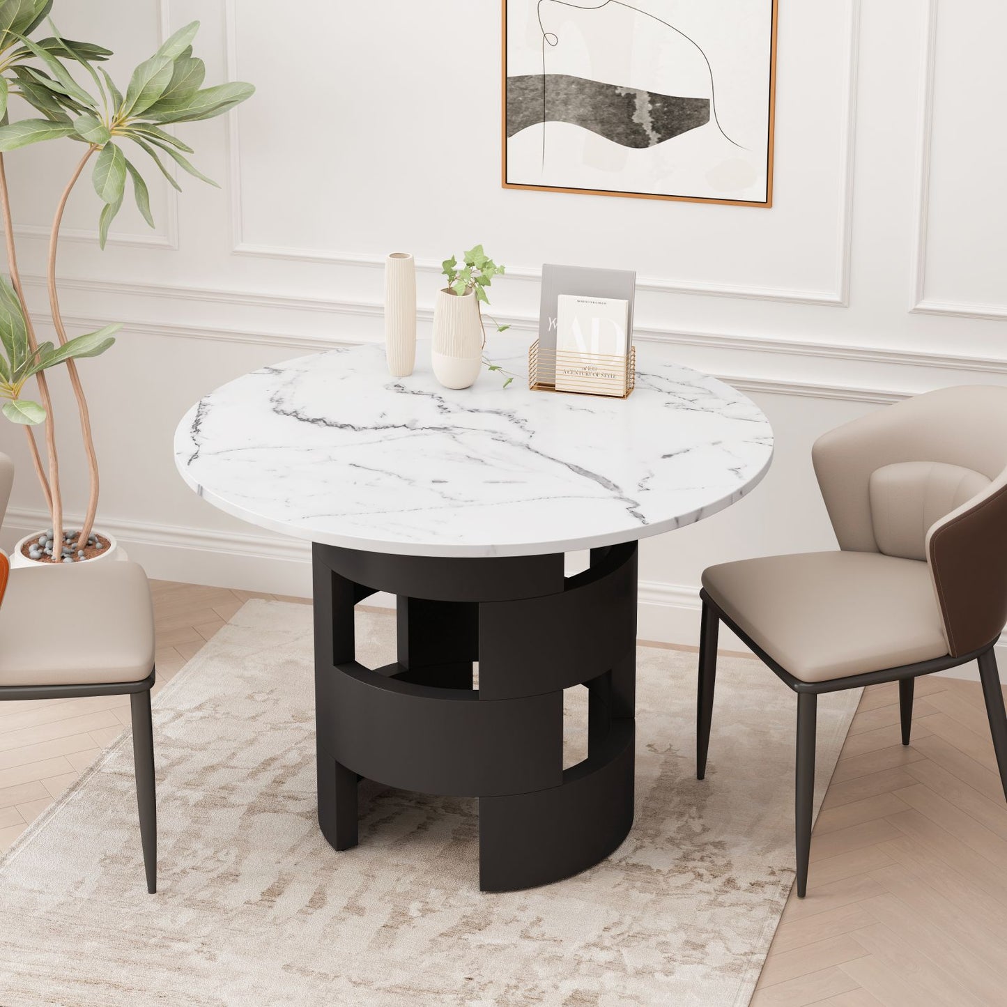 Melysen 42.12"Modern Round Dining Table with Printed Black Marble Table Top for Dining Room, Kitchen, Living Room,White and Black