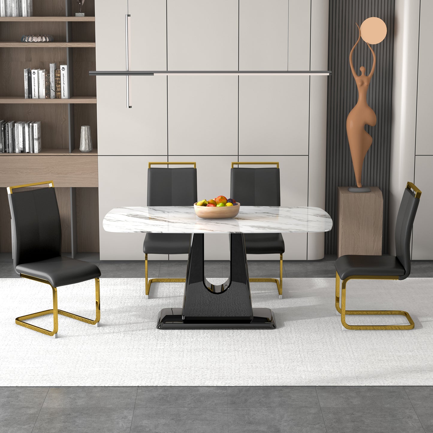 Melysen Luxurious White Imitation Marble Rectangular Dining Table and Desk with 4 Black Pu Gold Plated Leg Chairs 63'' X 35.4'' X 30''