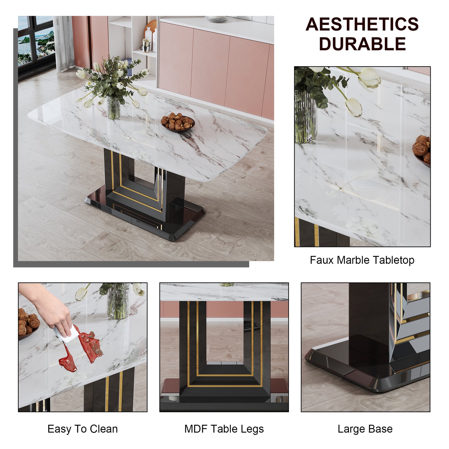 Melysen White Imitation Marble Pattern Desktop, Black Mdf Table Legs