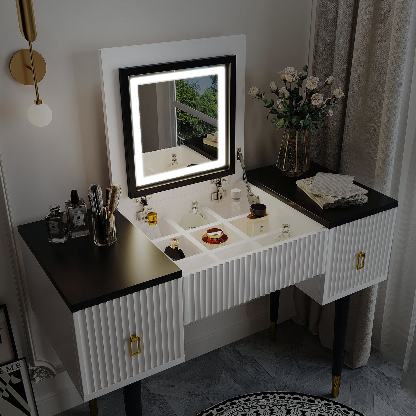 Melysen 43.3" Modern Vanity Table Set with Flip-top Mirror and LED Light, Dressing Table with Customizable Storage, White+Black