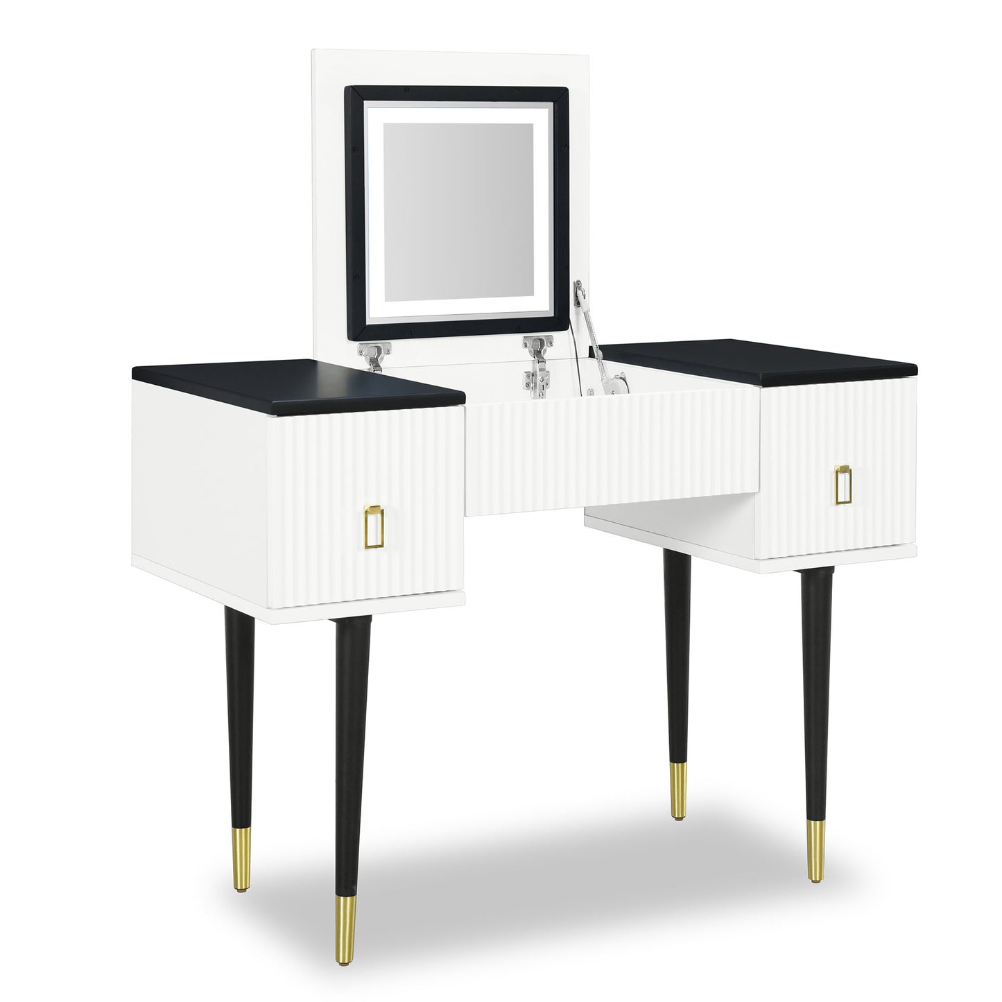 Melysen 43.3" Modern Vanity Table Set with Flip-top Mirror and LED Light, Dressing Table with Customizable Storage, White+Black