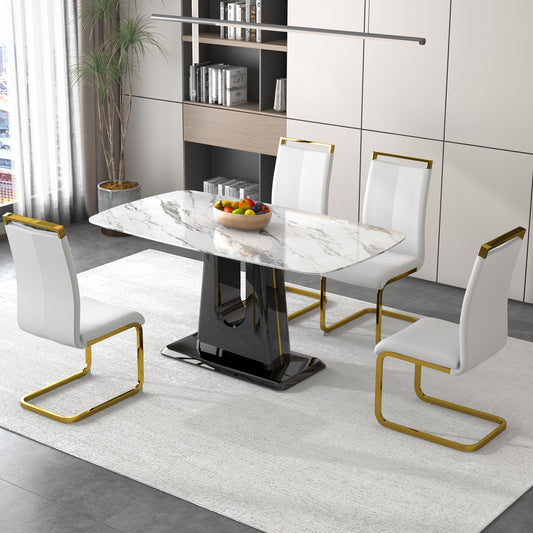 Melysen Luxurious White Imitation Marble Rectangular Dining Table and Desk with 4 White Pu Gold Plated Leg Chairs 63'' X 35.4'' X 30''