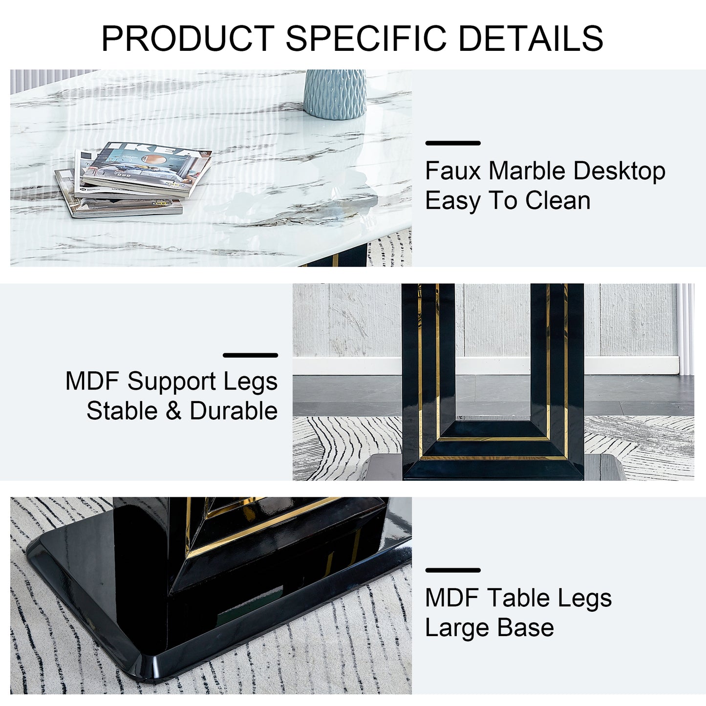 Melysen White Imitation Marble Pattern Desktop, Black Mdf Table Legs