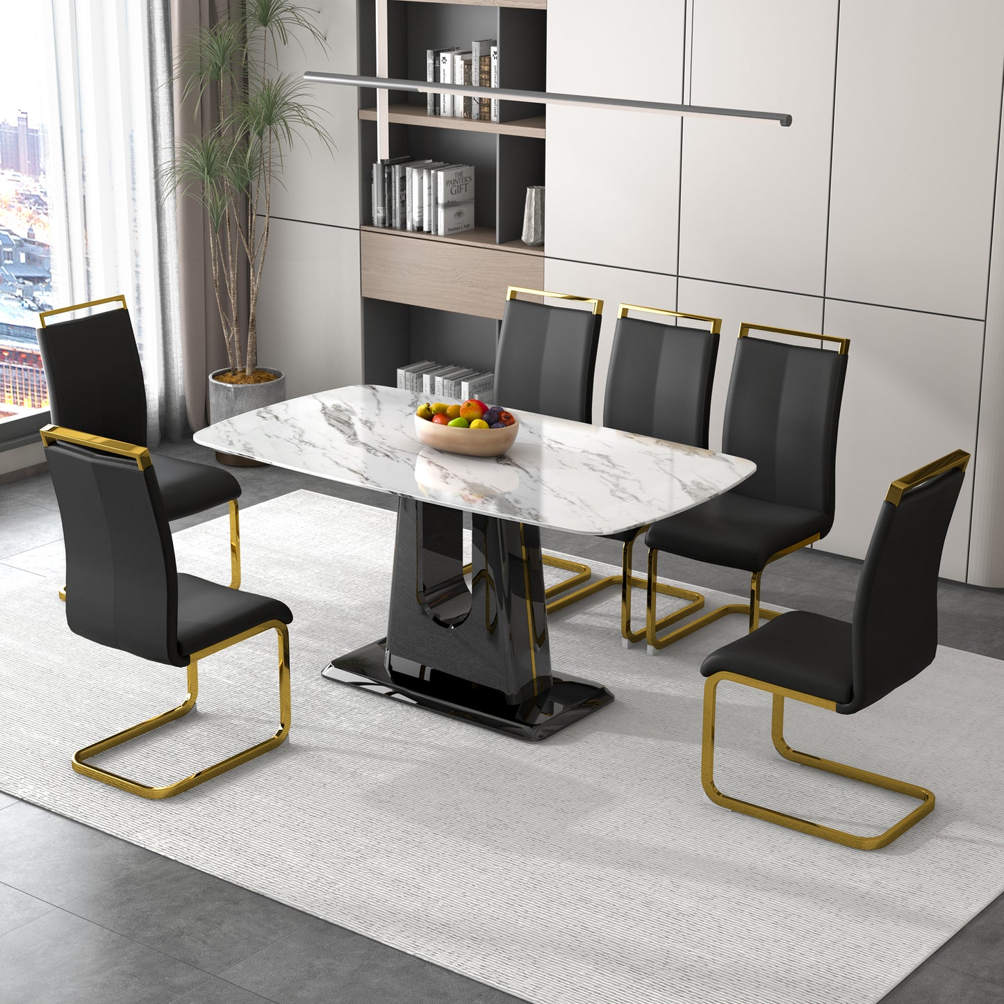 Melysen Luxurious White Imitation Marble Rectangular Dining Table and Desk with 6 Black Pu Gold Plated Leg Chairs 63'' X 35.4'' X 30''