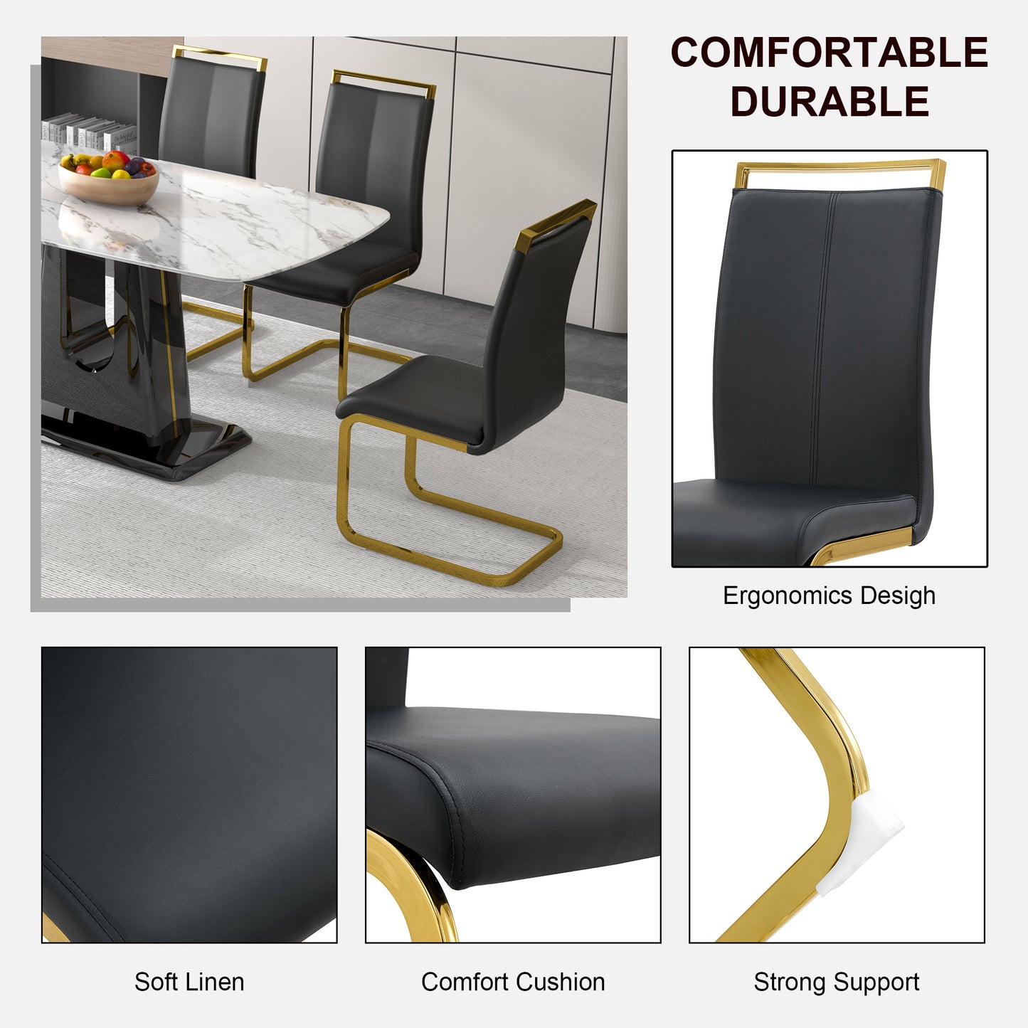 Melysen Luxurious Black Imitation Marble Rectangular Dining Table and Desk with 4 Black Pu Gold Plated Leg Chairs 63'' X 35.4'' X 30''