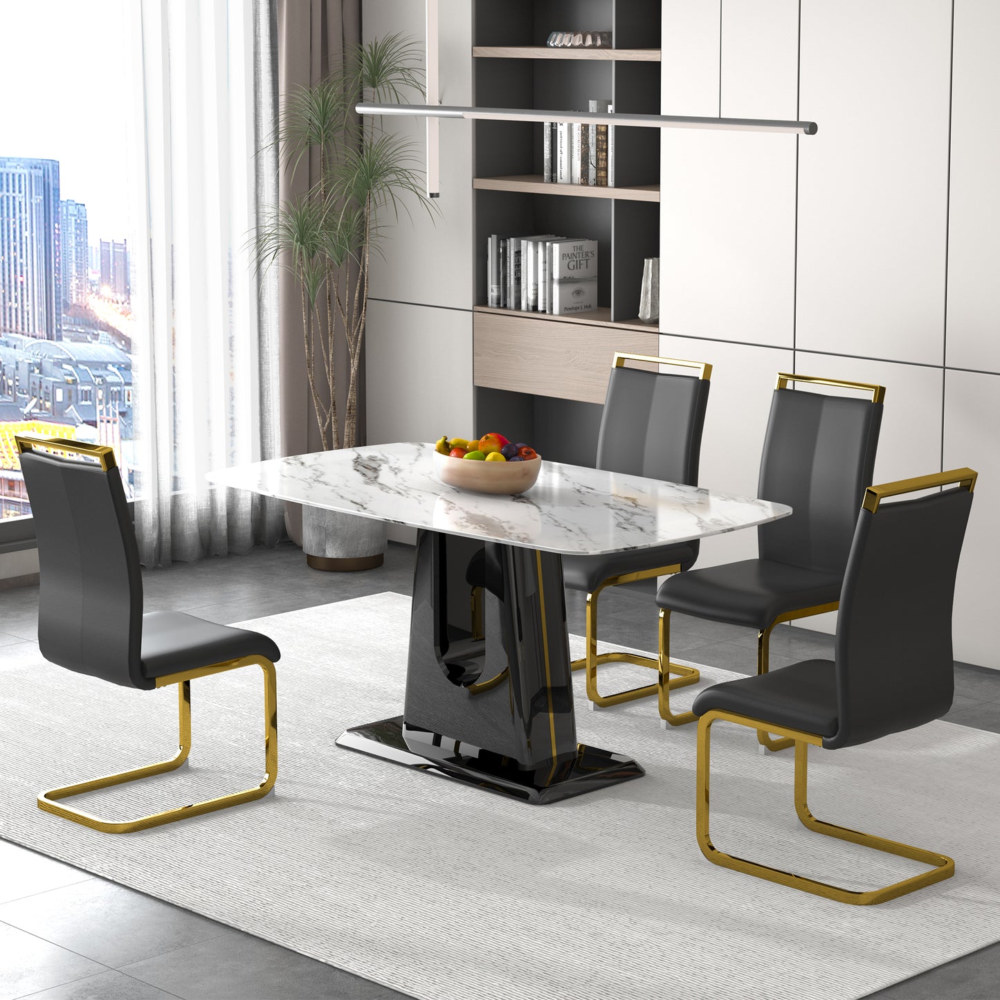 Melysen Luxurious White Imitation Marble Rectangular Dining Table and Desk with 4 Black Pu Gold Plated Leg Chairs 63'' X 35.4'' X 30''