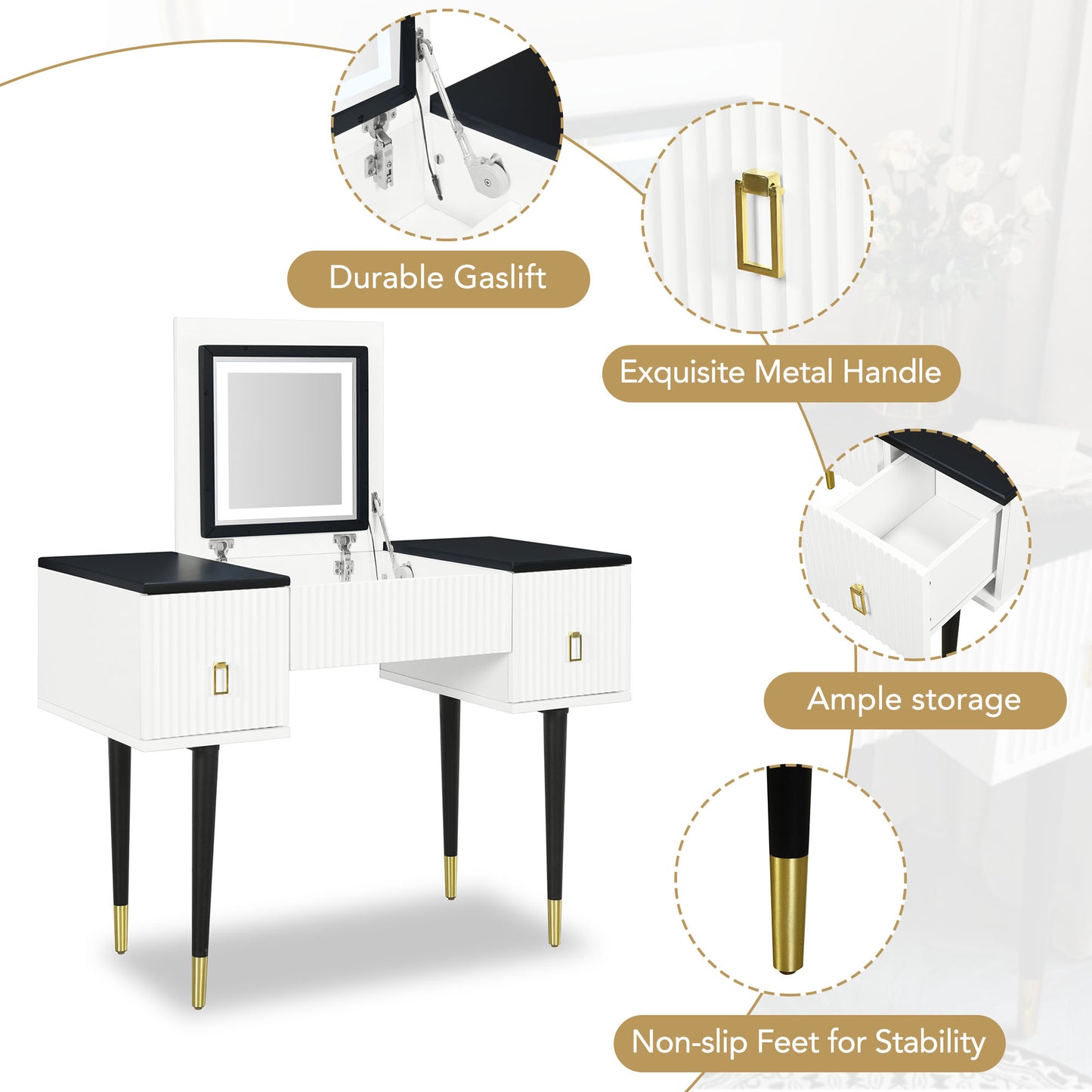 Melysen 43.3" Modern Vanity Table Set with Flip-top Mirror and LED Light, Dressing Table with Customizable Storage, White+Black