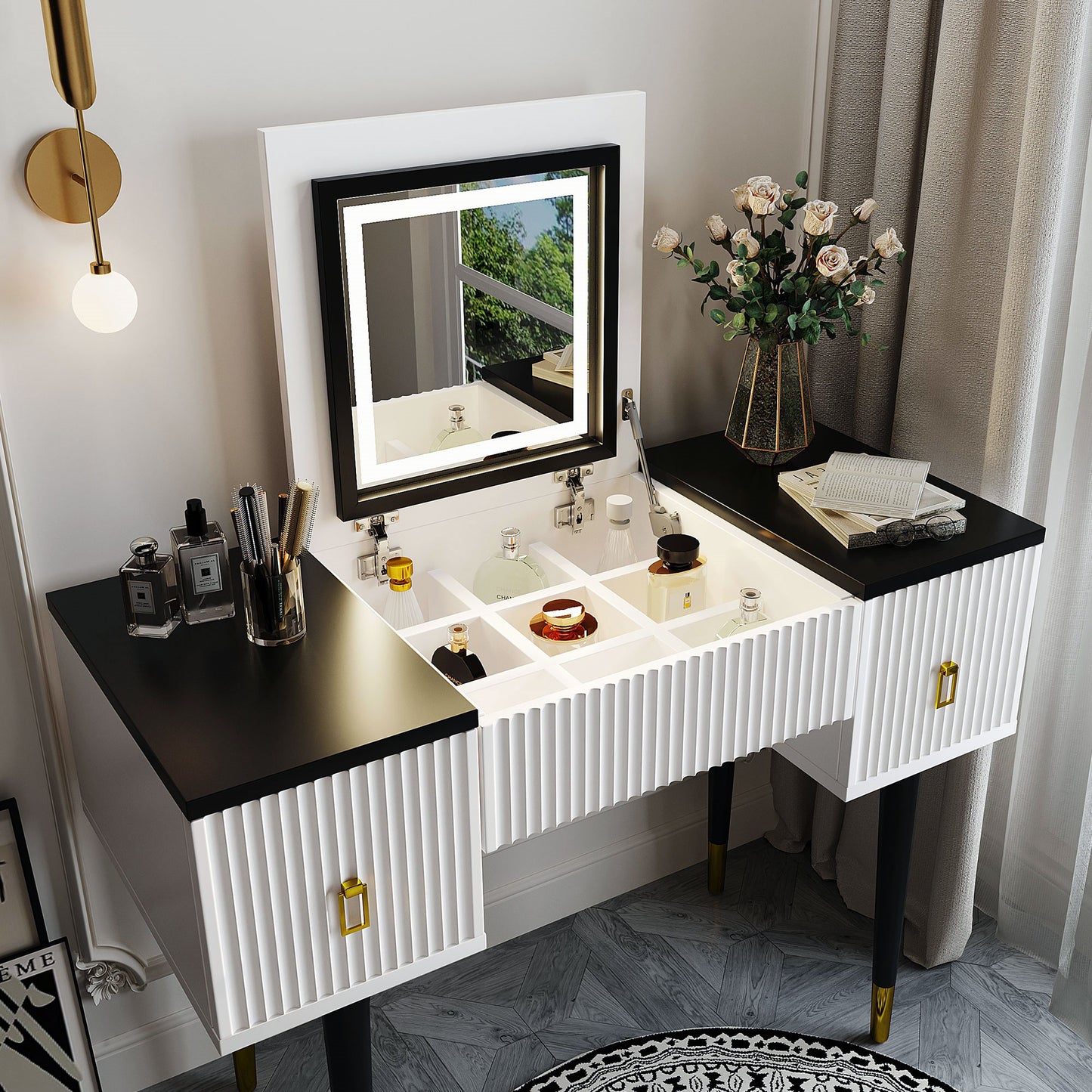 Melysen 43.3" Modern Vanity Table Set with Flip-top Mirror and LED Light, Dressing Table with Customizable Storage, White+Black