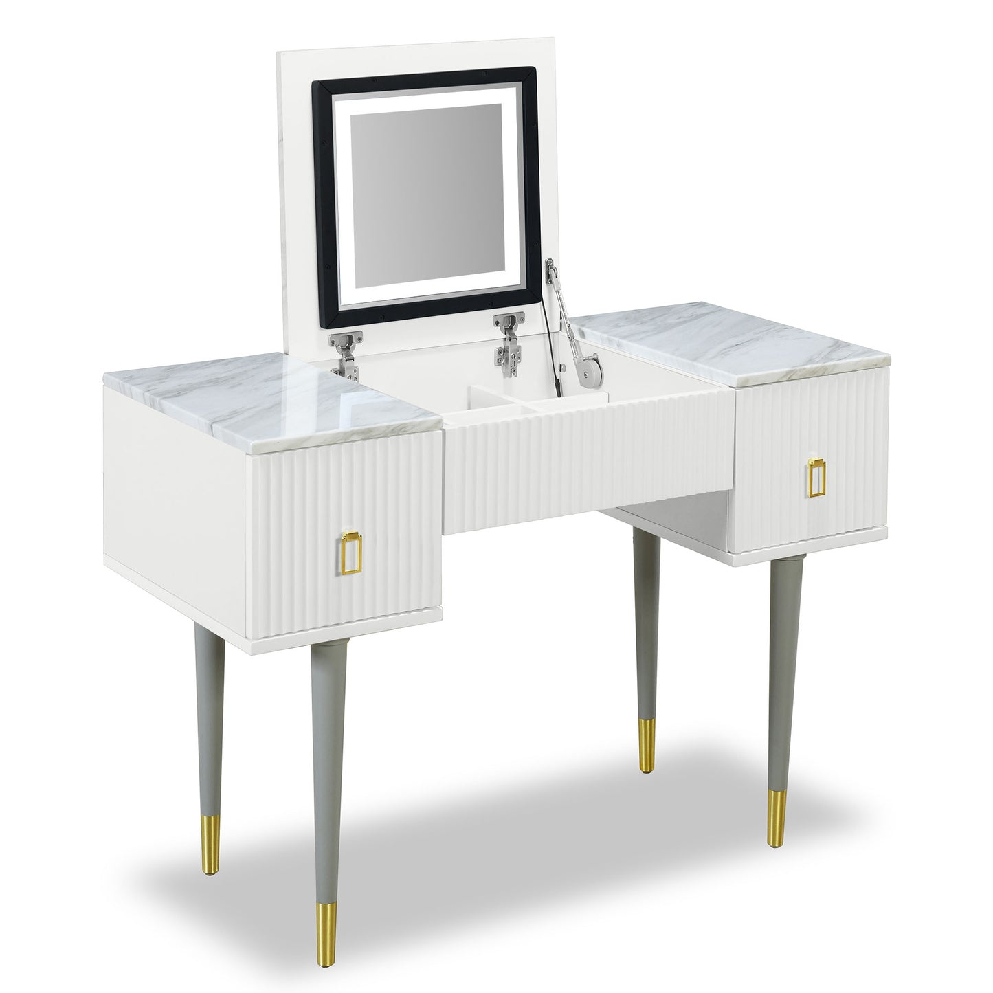 Melysen 43.3" Modern Vanity Table Set with Flip-top Mirror and LED Light, Dressing Table with Customizable Storage, Marble-style Stickers Tabletop, White+Gray