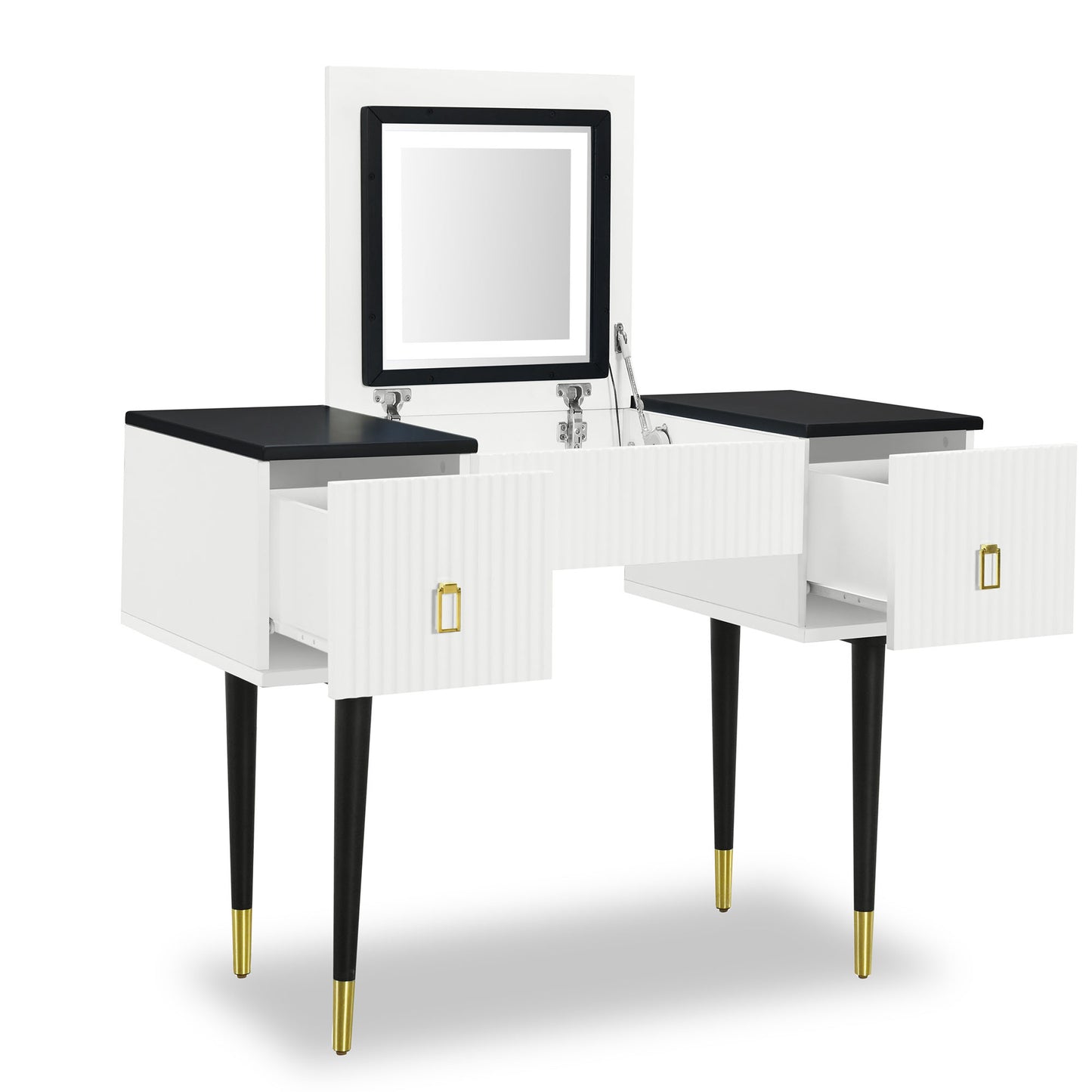 Melysen 43.3" Modern Vanity Table Set with Flip-top Mirror and LED Light, Dressing Table with Customizable Storage, White+Black