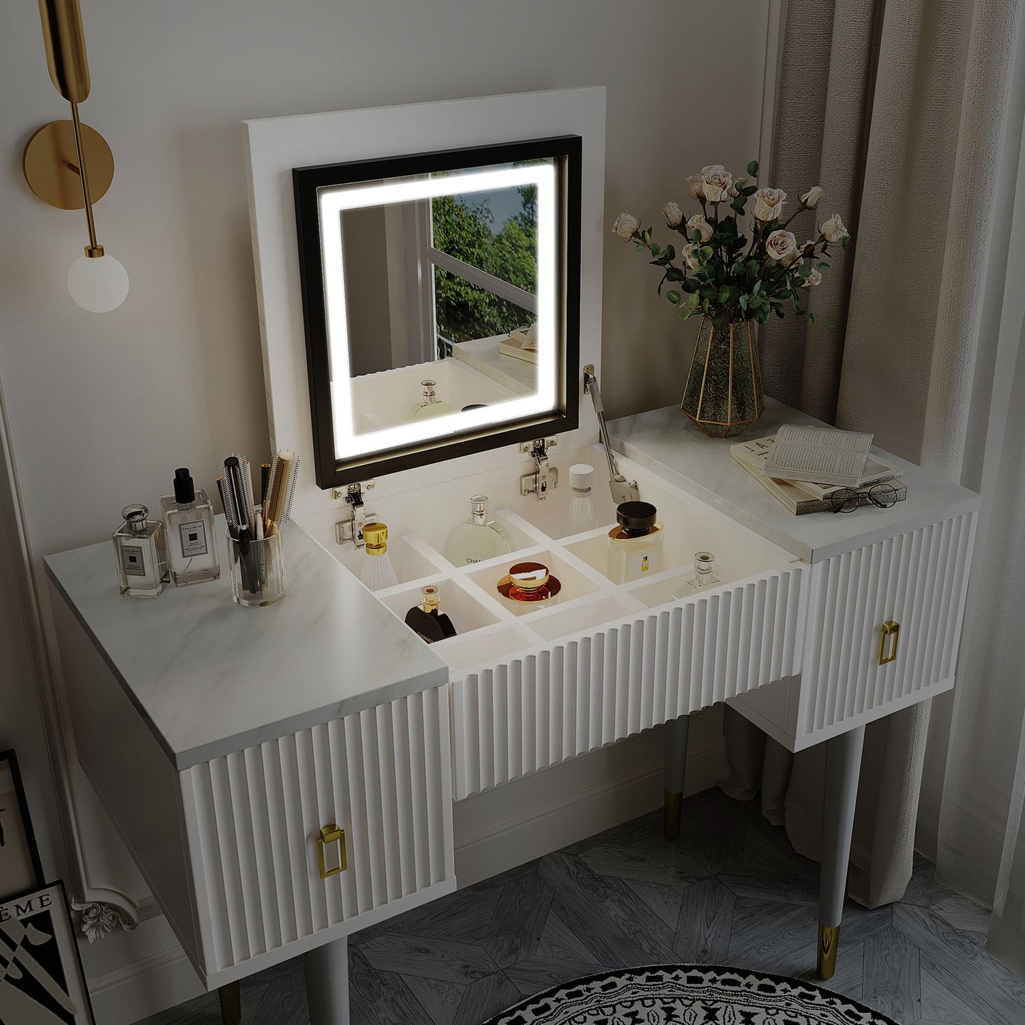 Melysen 43.3" Modern Vanity Table Set with Flip-top Mirror and LED Light, Dressing Table with Customizable Storage, Marble-style Stickers Tabletop, White+Gray