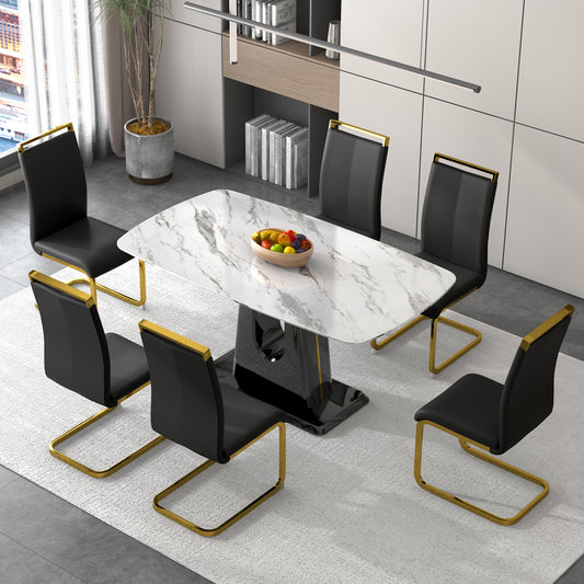 Melysen Luxurious White Imitation Marble Rectangular Dining Table and Desk with 6 Black Pu Gold Plated Leg Chairs 63'' X 35.4'' X 30''