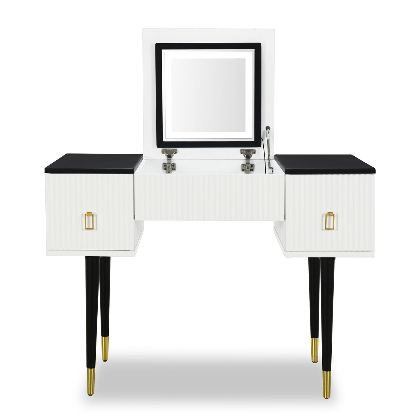 Melysen 43.3" Modern Vanity Table Set with Flip-top Mirror and LED Light, Dressing Table with Customizable Storage, White+Black