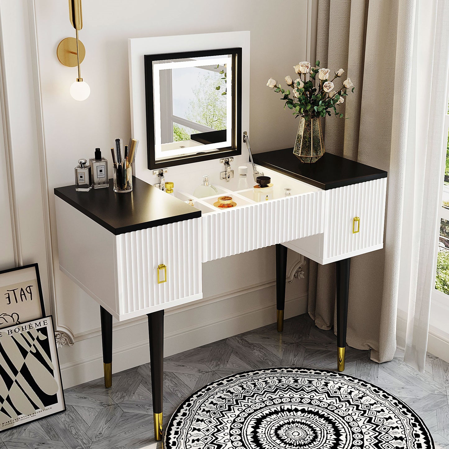 Melysen 43.3" Modern Vanity Table Set with Flip-top Mirror and LED Light, Dressing Table with Customizable Storage, White+Black