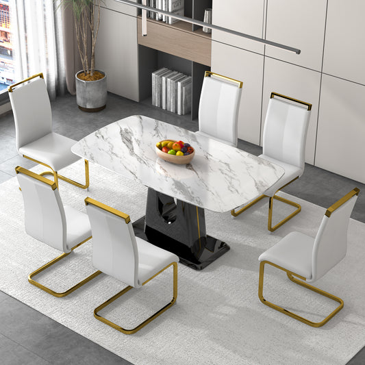 Melysen Luxurious White Imitation Marble Rectangular Dining Table and Desk with 6 White Pu Gold Plated Leg Chairs 63'' X 35.4'' X 30''