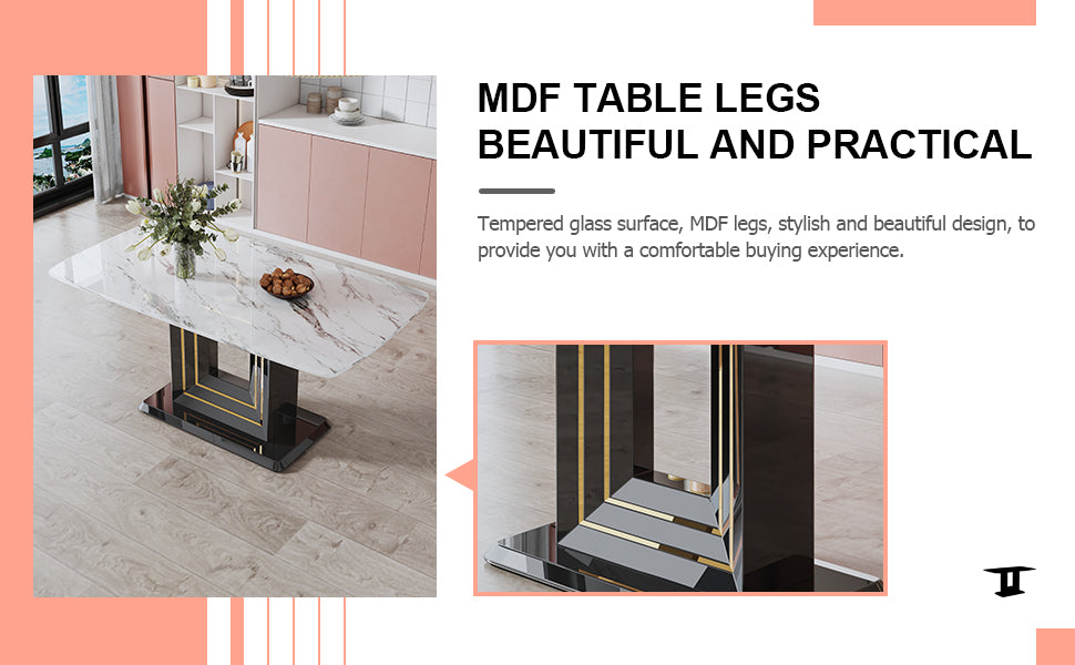 Melysen White Imitation Marble Pattern Desktop, Black Mdf Table Legs