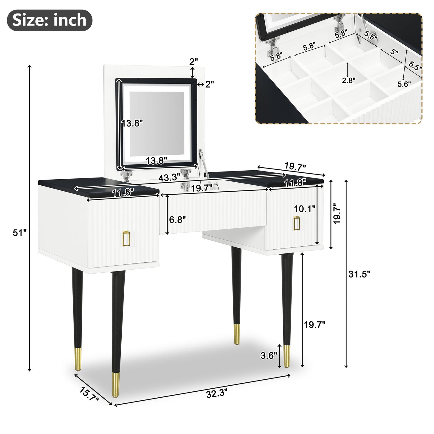 Melysen 43.3" Modern Vanity Table Set with Flip-top Mirror and LED Light, Dressing Table with Customizable Storage, White+Black