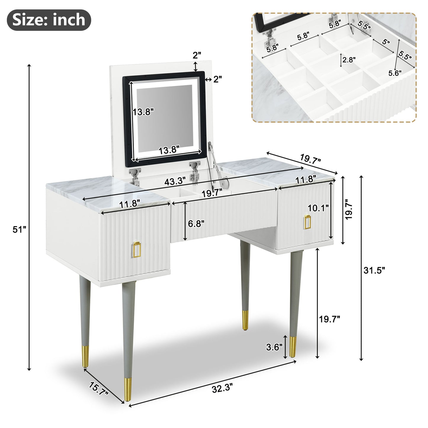 Melysen 43.3" Modern Vanity Table Set with Flip-top Mirror and LED Light, Dressing Table with Customizable Storage, Marble-style Stickers Tabletop, White+Gray