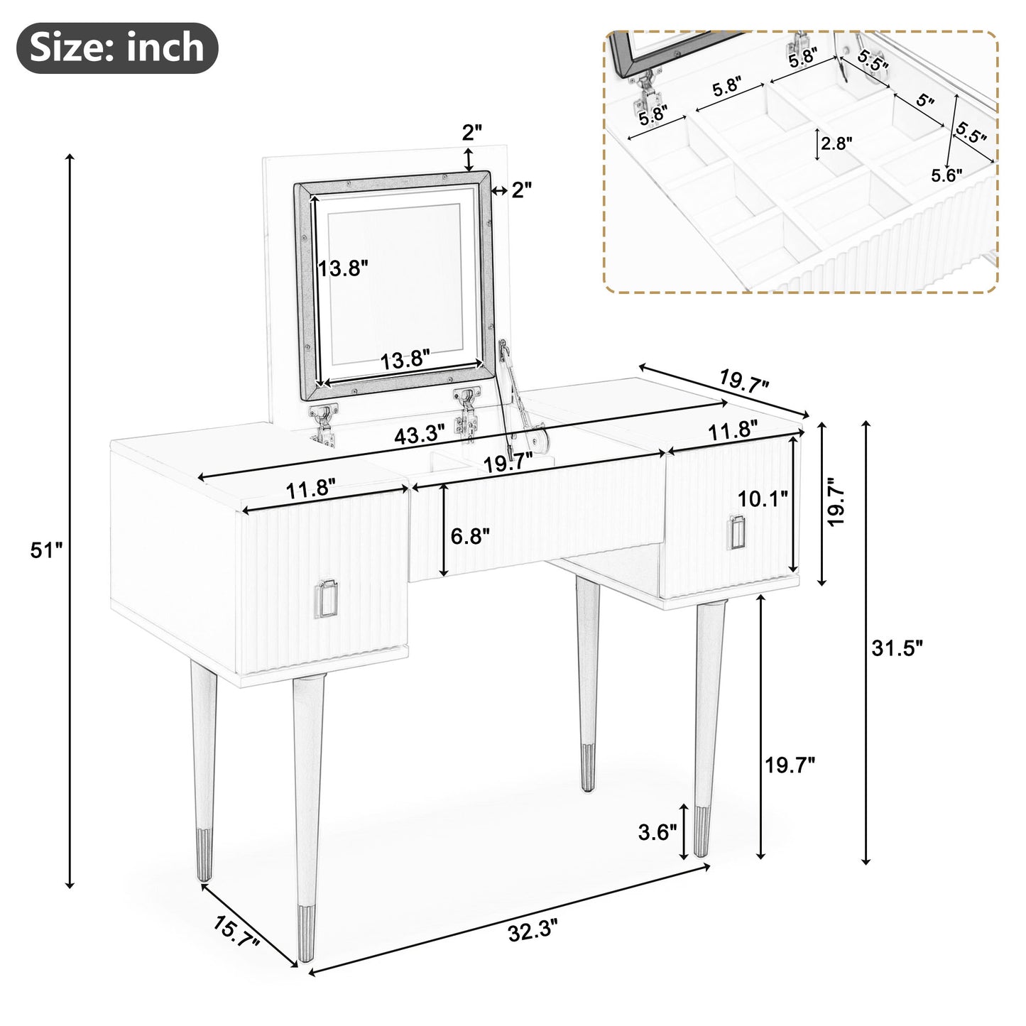 Melysen 43.3" Modern Vanity Table Set with Flip-top Mirror and LED Light, Dressing Table with Customizable Storage, White+Black