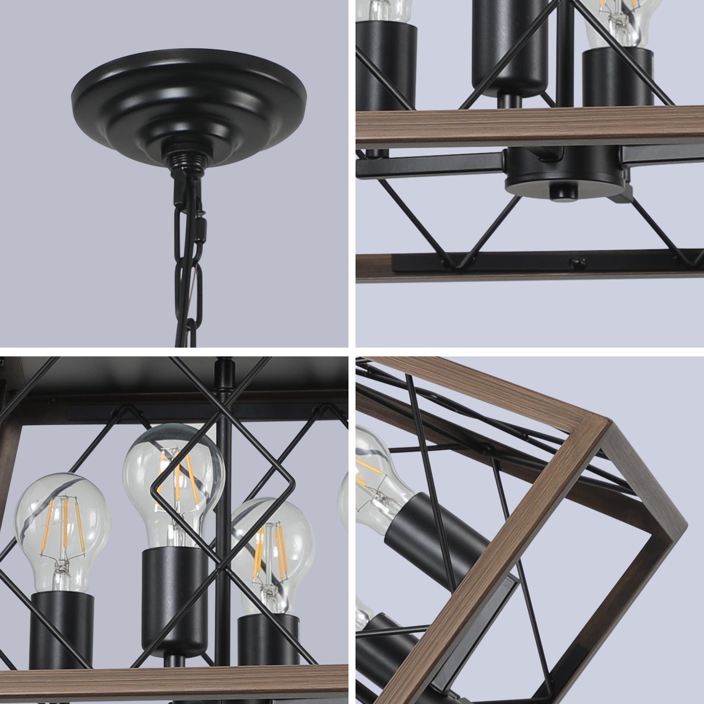 4-Light Retro farmhouse chandelier,Walnut+black(No Bulbs)