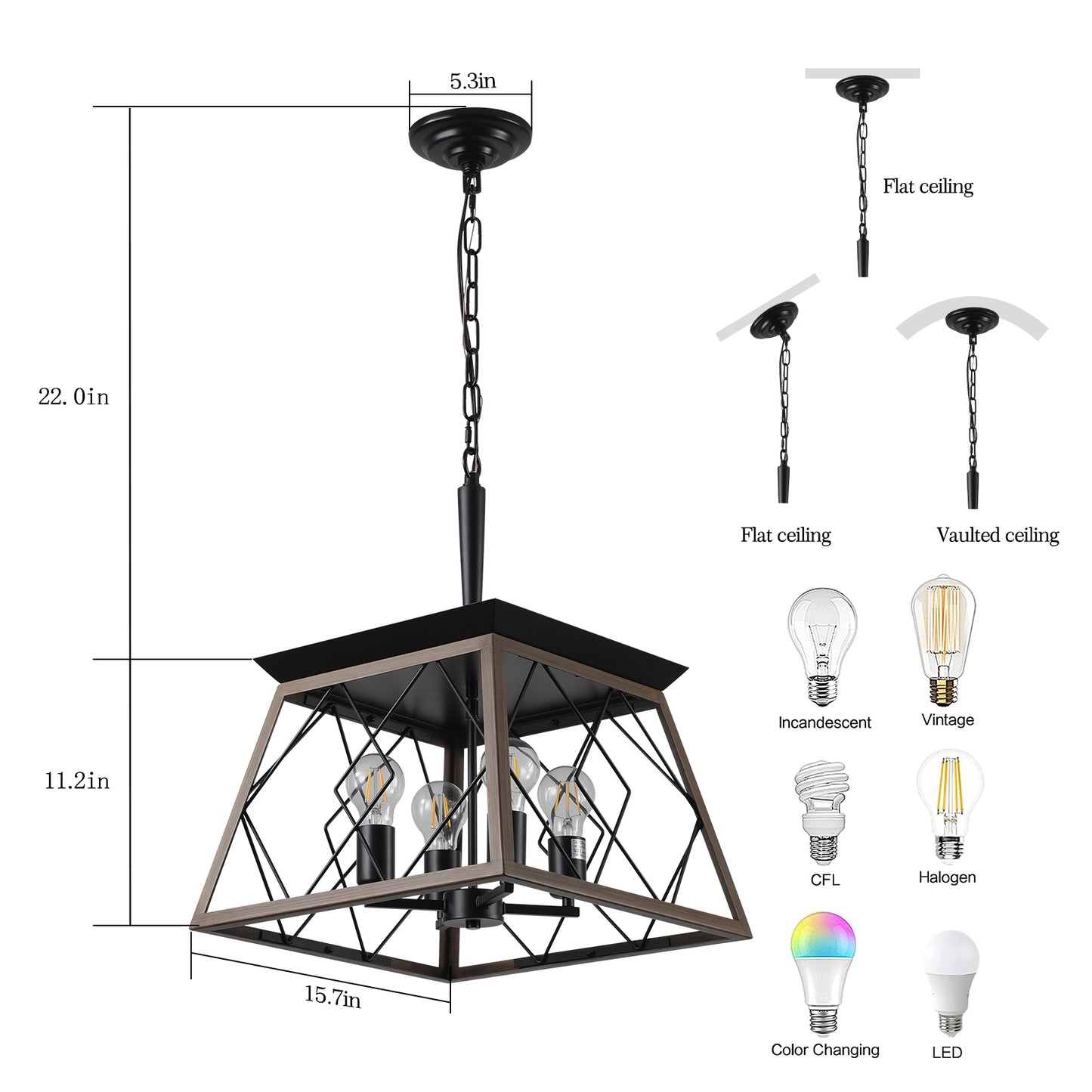 4-Light Retro farmhouse chandelier,Walnut+black(No Bulbs)