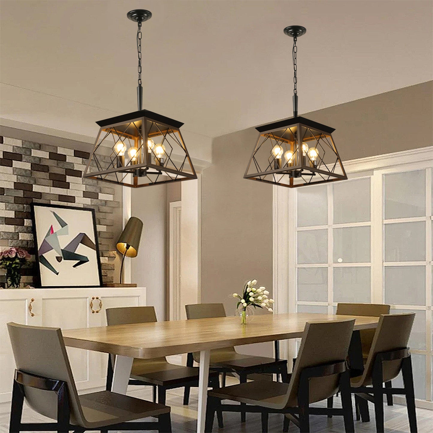 4-Light Retro farmhouse chandelier,Walnut+black(No Bulbs)