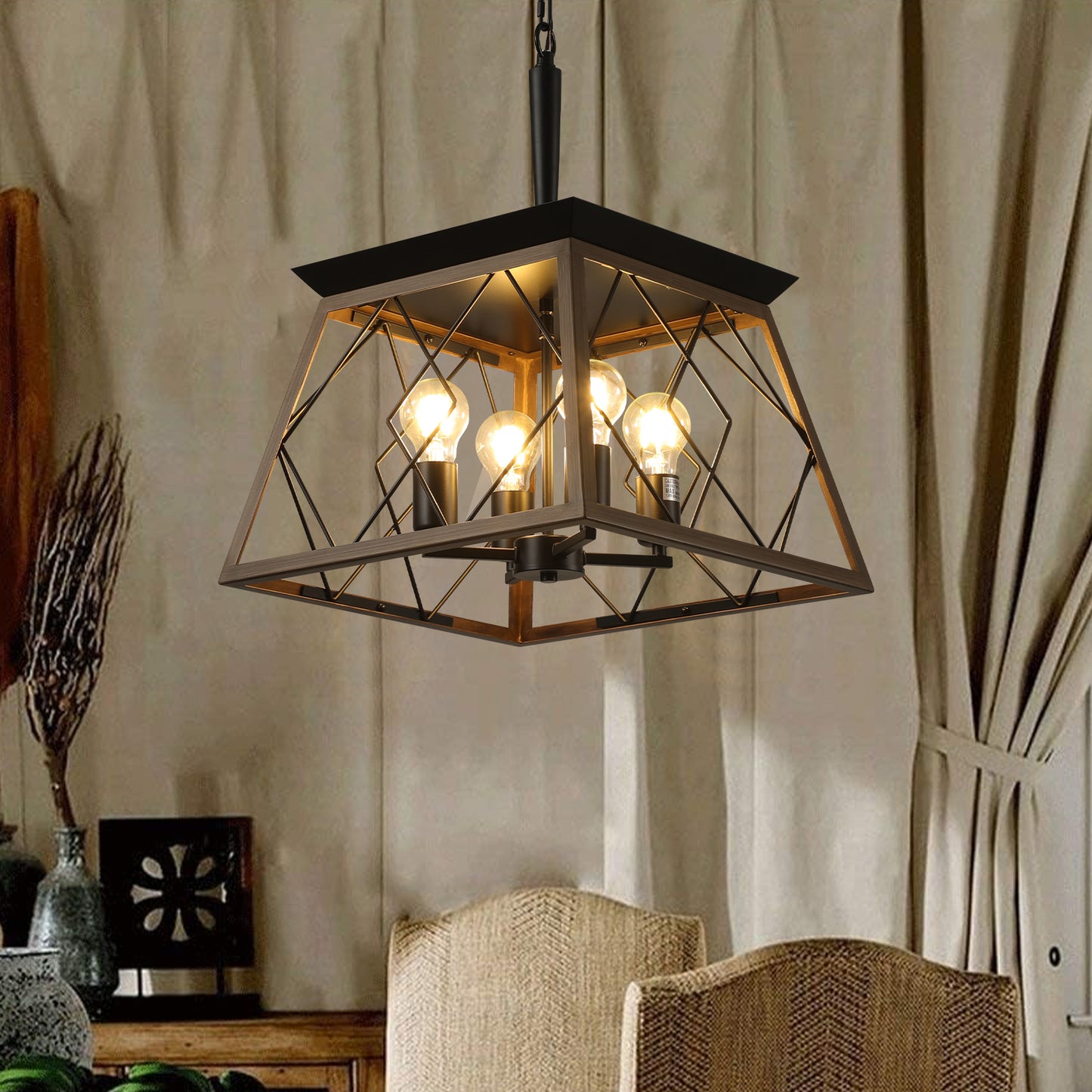 4-Light Retro farmhouse chandelier,Walnut+black(No Bulbs)