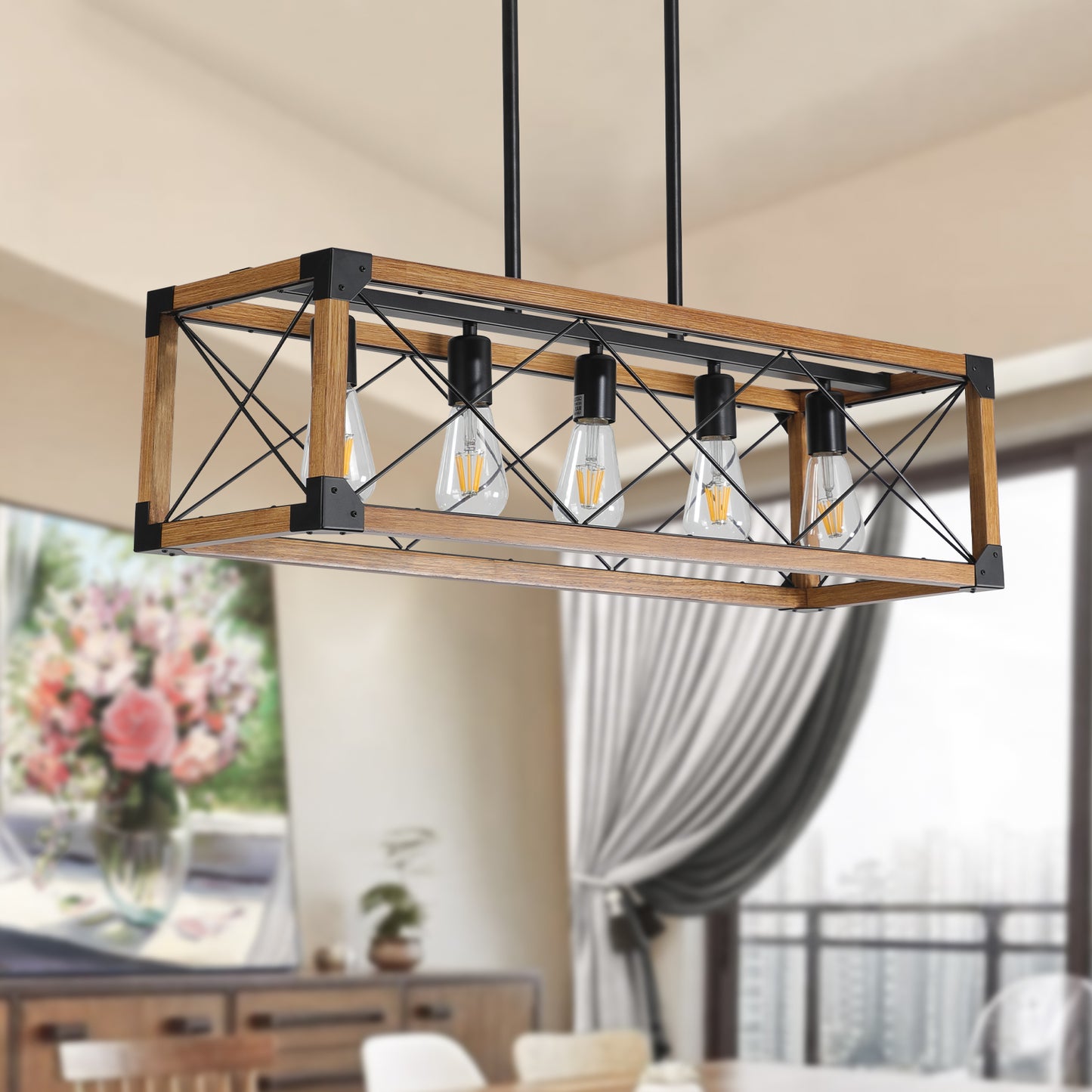 5-Light Retro Chandelier For Kitchen, Living room, Dining room,Walnut+black(No Bulbs)