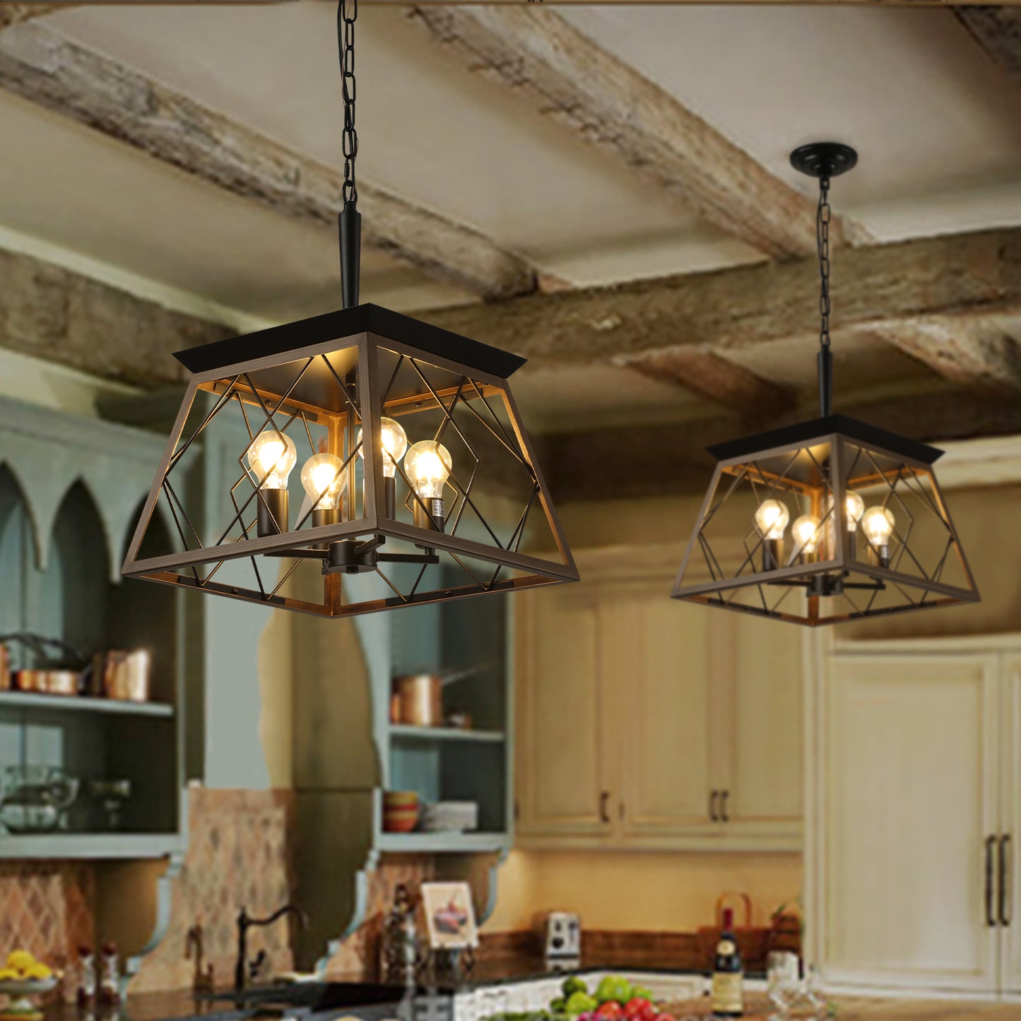 4-Light Retro farmhouse chandelier,Walnut+black(No Bulbs)