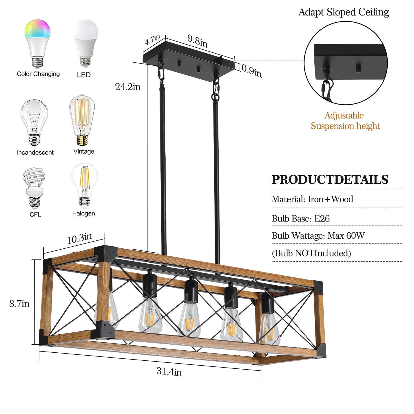 5-Light Retro Chandelier For Kitchen, Living room, Dining room,Walnut+black(No Bulbs)