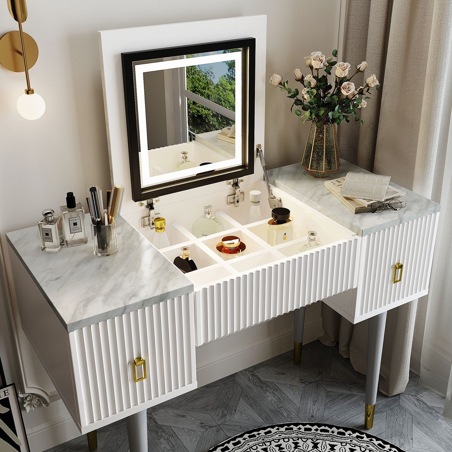 Melysen 43.3" Modern Vanity Table Set with Flip-top Mirror and LED Light, Dressing Table with Customizable Storage, Marble-style Stickers Tabletop, White+Gray