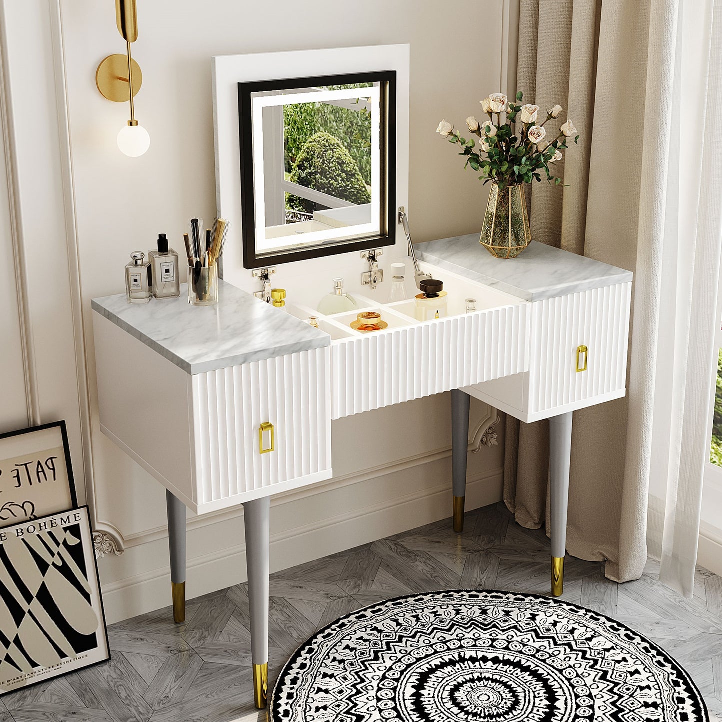 Melysen 43.3" Modern Vanity Table Set with Flip-top Mirror and LED Light, Dressing Table with Customizable Storage, Marble-style Stickers Tabletop, White+Gray