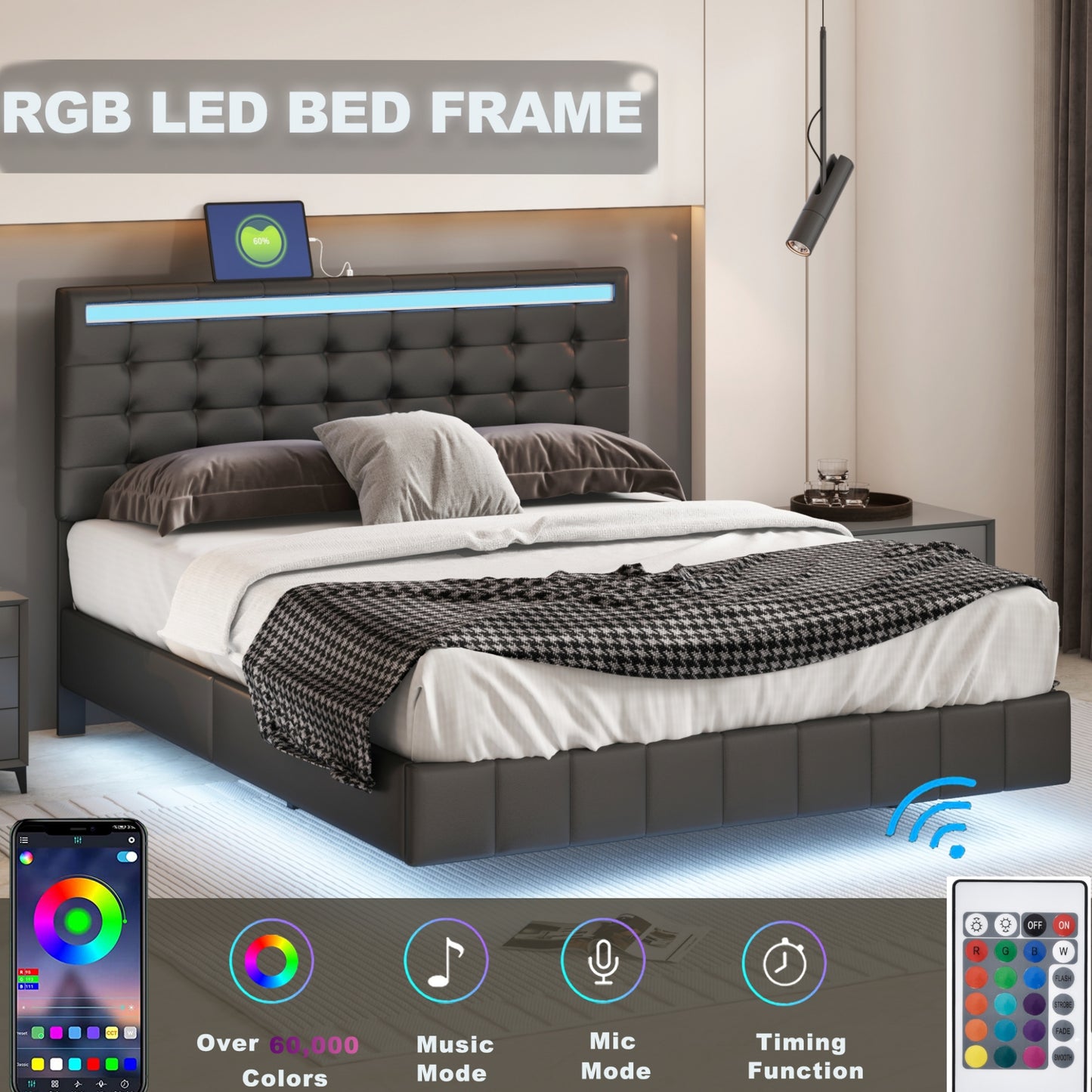 Melysen Queen Size Floating Bed Frame with LED Lights and USB Charging,Modern Upholstered Platform LED Bed Frame