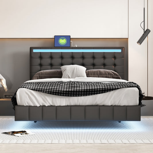 Melysen Queen Size Floating Bed Frame with LED Lights and USB Charging,Modern Upholstered Platform LED Bed Frame