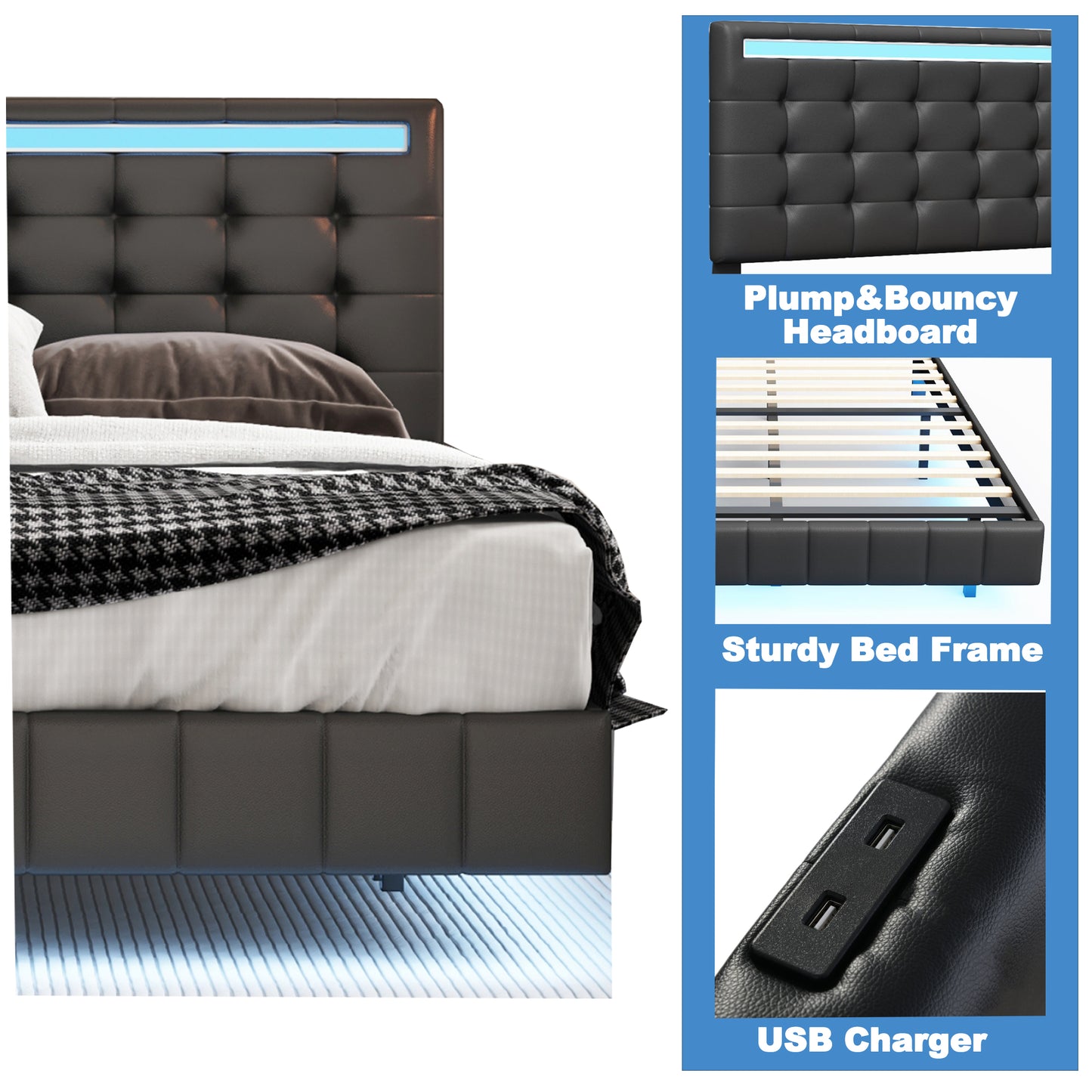 Melysen Queen Size Floating Bed Frame with LED Lights and USB Charging,Modern Upholstered Platform LED Bed Frame